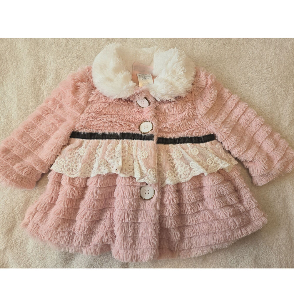 Sz 6-9 Mos. LITTLE LASS Pink Black Faux Fur Lace Collar Velvet Ribbon Coat